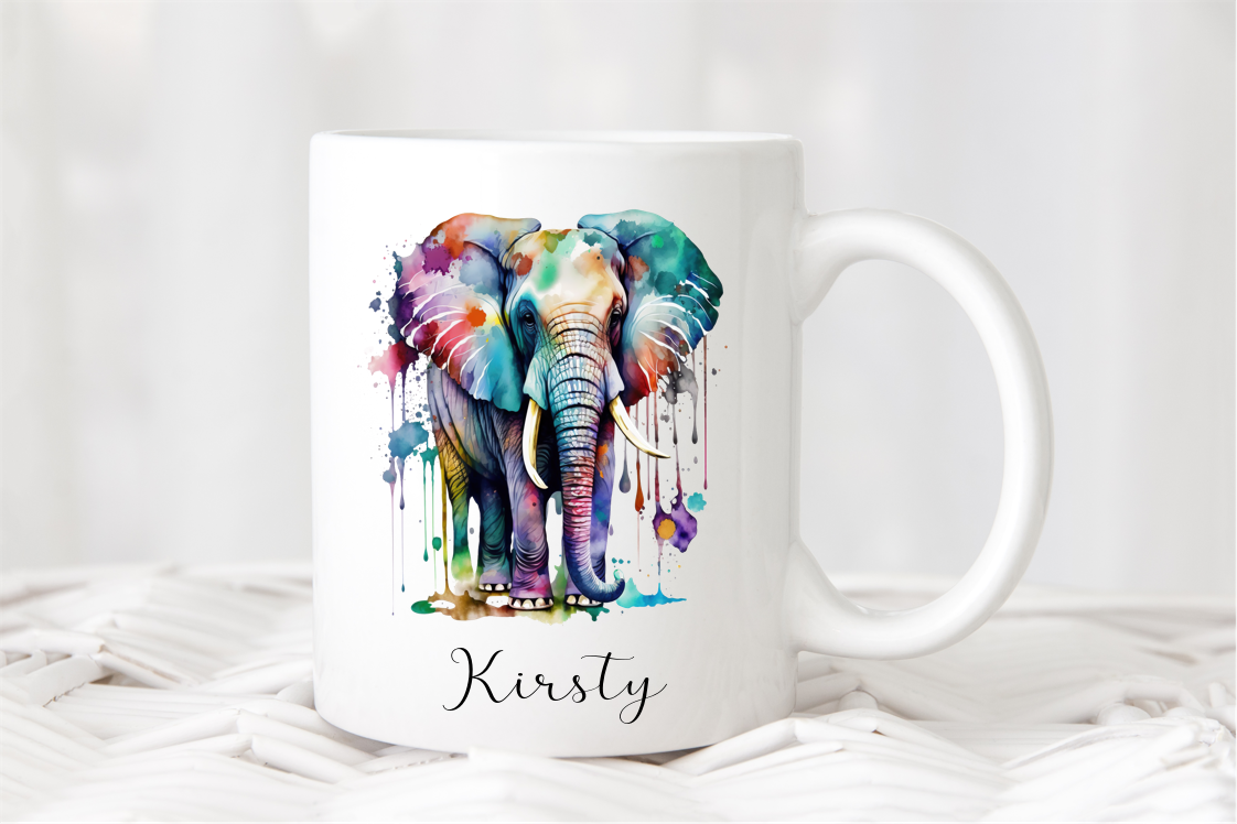 Personalised Elephant Mug, Personalised Rainbow Elephant Mug, Personalised Name Mug, Elephant Gift, Elephant Mug, Watercolour Elephant Mug