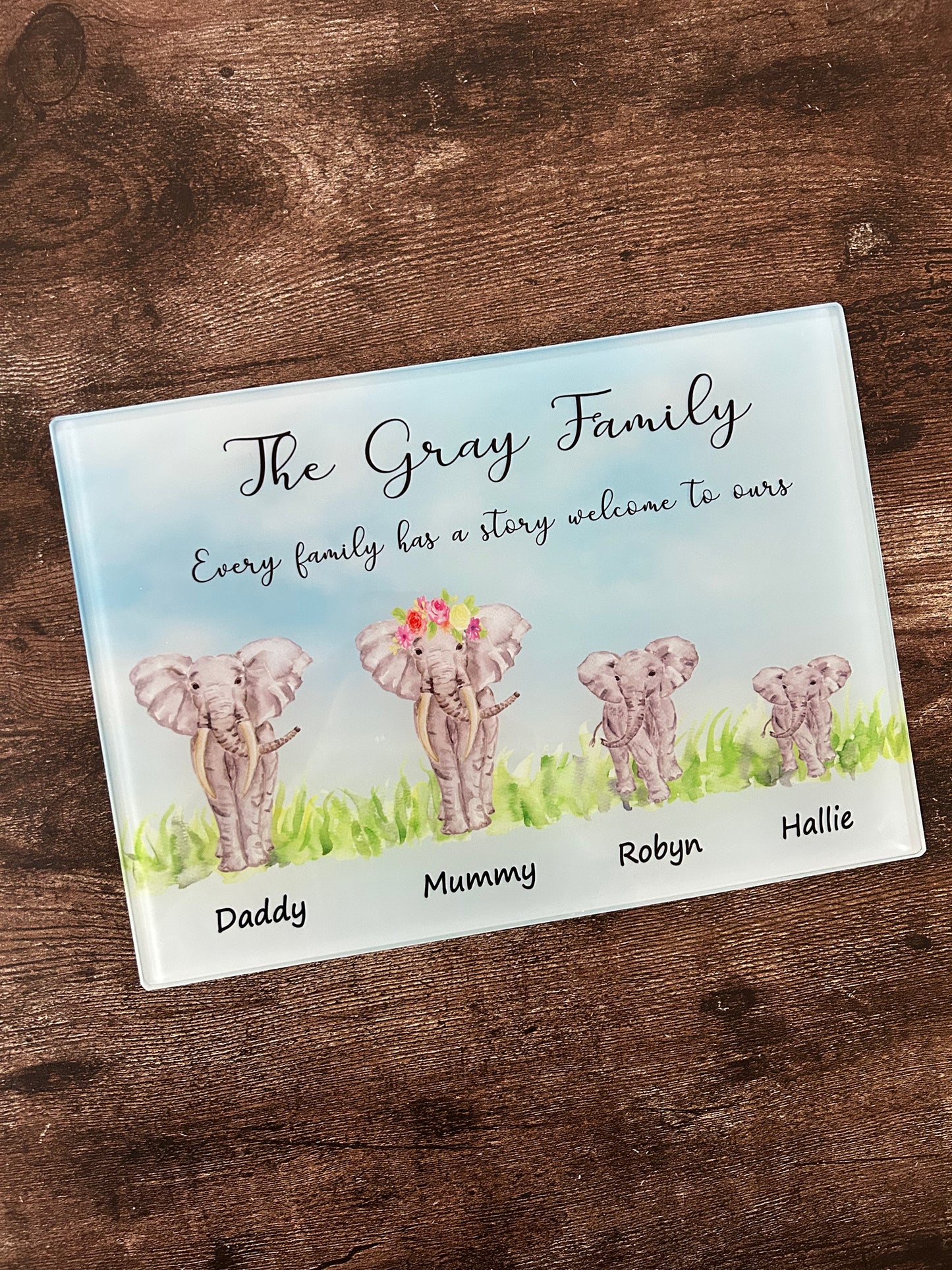 Personalised Elephant Chopping Board, Personalised Elephant Chopping Board, Elephant Family Chopping Board, Glass Chopping Board