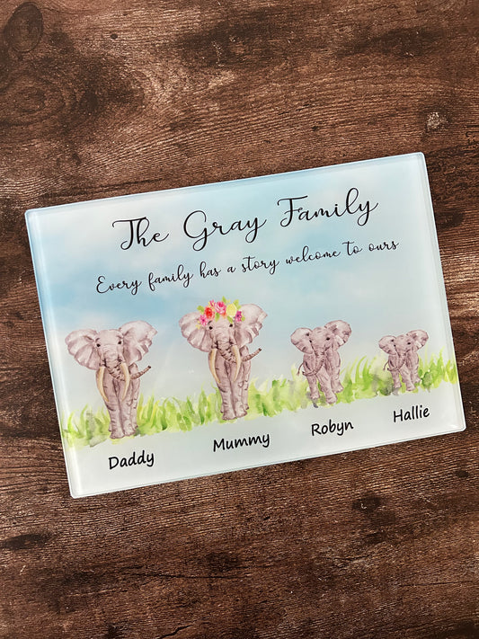 Personalised Elephant Chopping Board, Personalised Elephant Chopping Board, Elephant Family Chopping Board, Glass Chopping Board