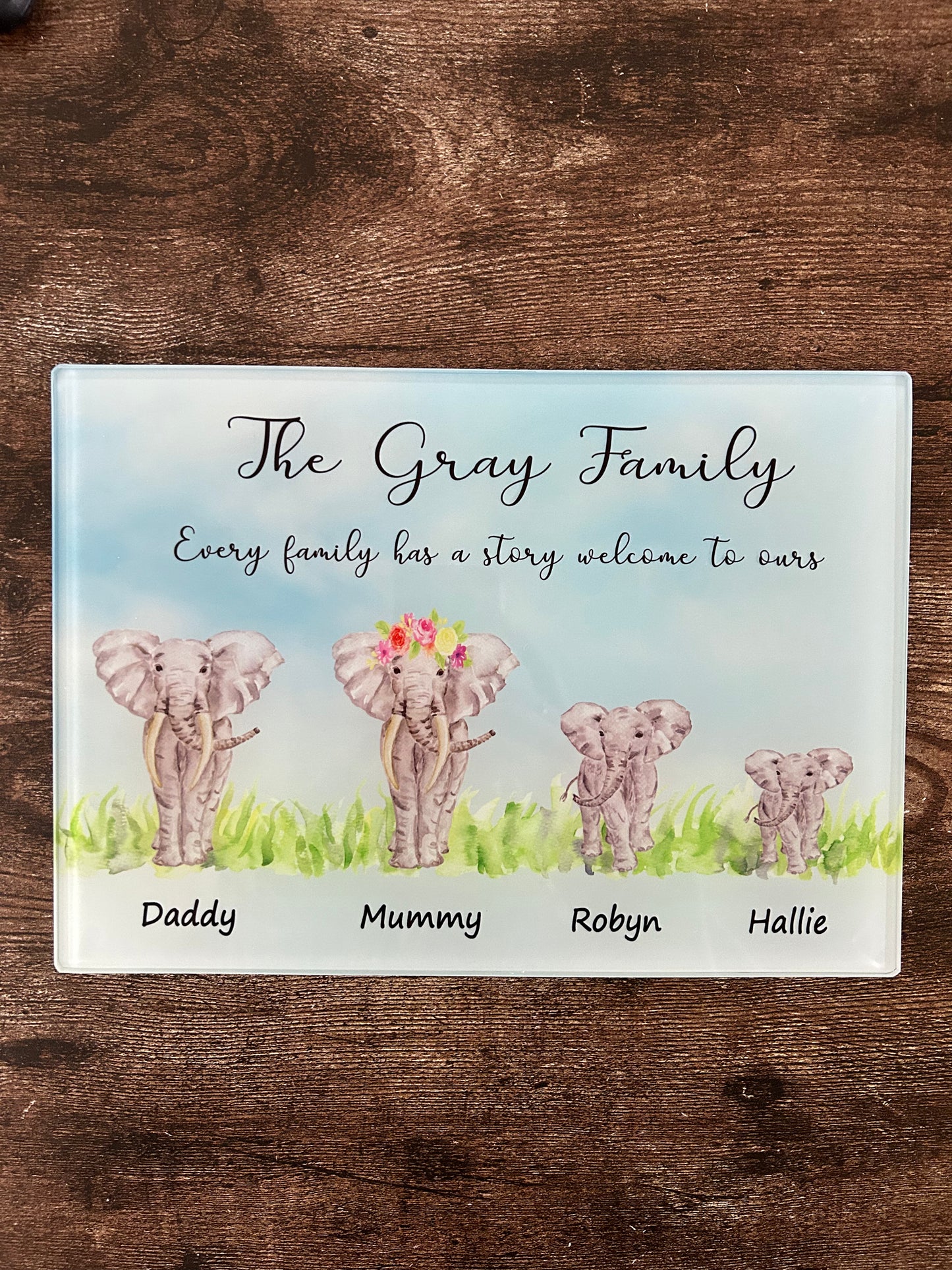 Personalised Elephant Chopping Board, Personalised Elephant Chopping Board, Elephant Family Chopping Board, Glass Chopping Board