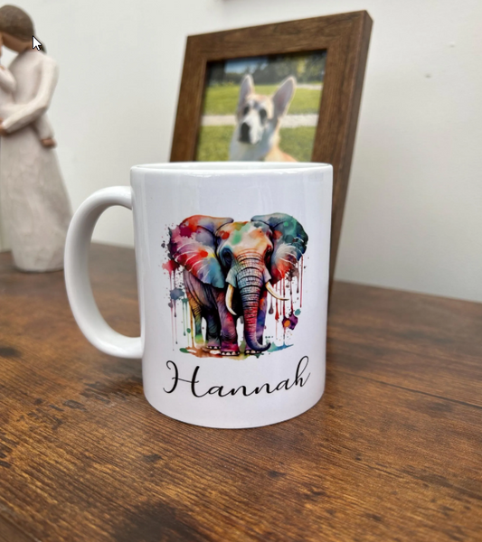 Personalised Elephant Mug, Personalised Rainbow Elephant Mug, Personalised Name Mug, Elephant Gift, Elephant Mug, Watercolour Elephant Mug