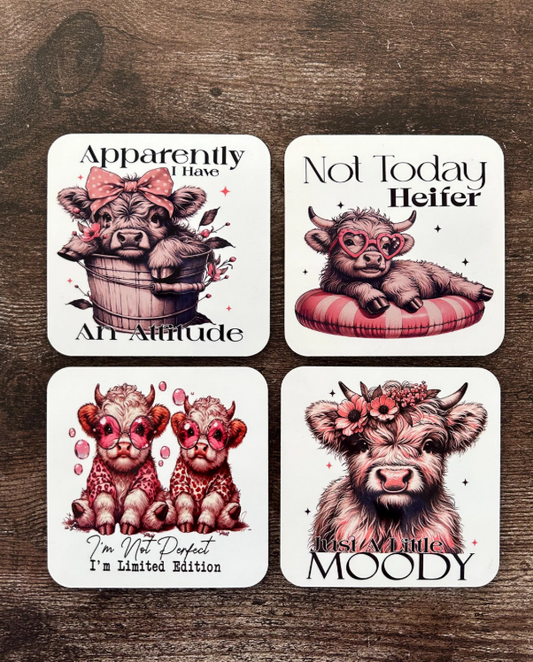 Funny Highland Cow Coasters, Highland Cow Gift, Moody Gift, Birthday Gift For Her, Highland Cow Present, Highland Cow, Highland Cow Coasters