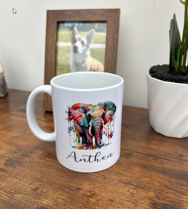 Personalised Elephant Mug, Personalised Rainbow Elephant Mug, Personalised Name Mug, Elephant Gift, Elephant Mug, Watercolour Elephant Mug
