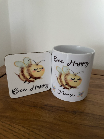Personalised Bee Happy Mug, Bee Happy Gift, Bee Happy Mug Set