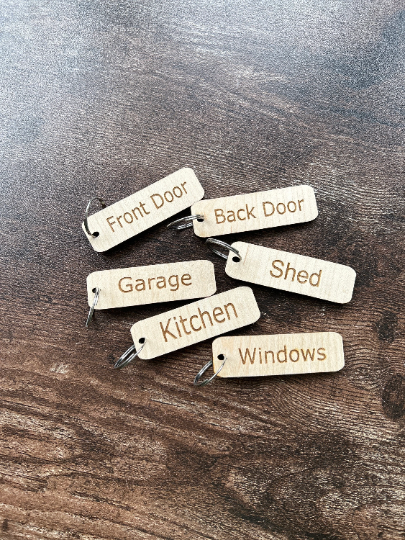 Home Keyrings, Personalised Home Keyrings, Wooden Keyrings, Engraved Keyrings