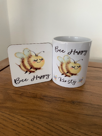 Personalised Bee Happy Mug, Bee Happy Gift, Bee Happy Mug Set